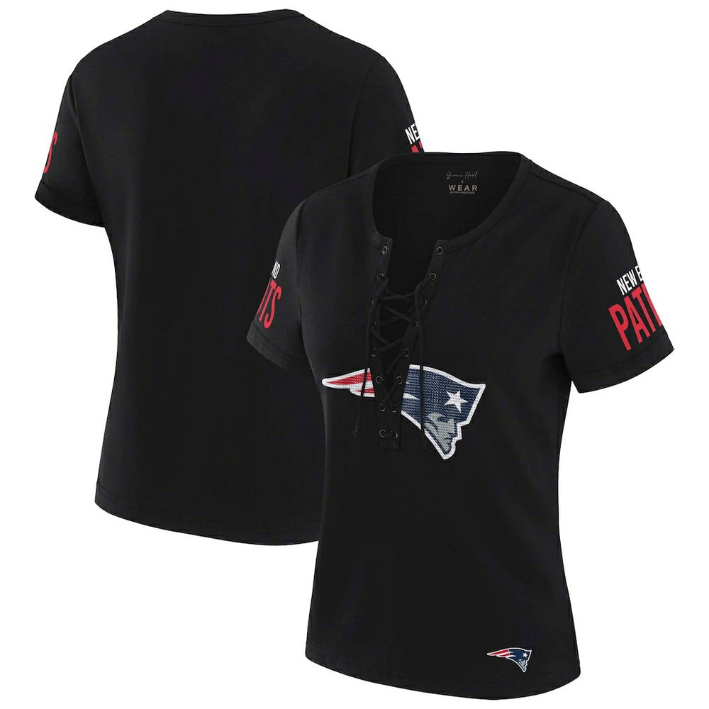 New England Patriots WEAR by Erin Andrews x Gracie Hunt Women's Draft Me Lace-Up T-Shirt - Black - NFL