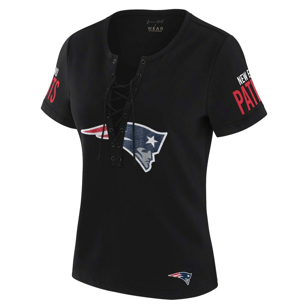 New England Patriots WEAR by Erin Andrews x Gracie Hunt Women's Draft Me Lace-Up T-Shirt - Black - NFL