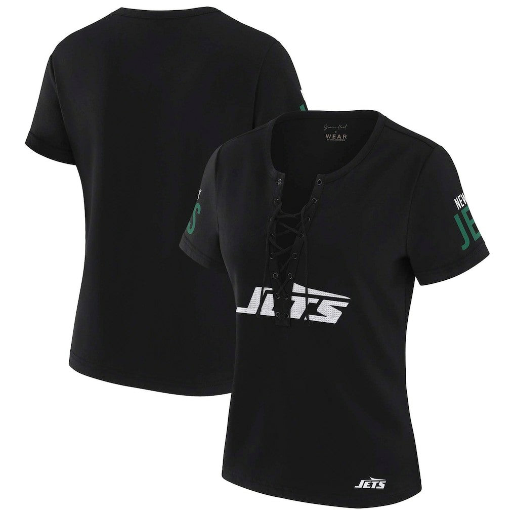 New York Jets WEAR by Erin Andrews x Gracie Hunt Women's Draft Me Lace-Up T-Shirt - Black - NFL