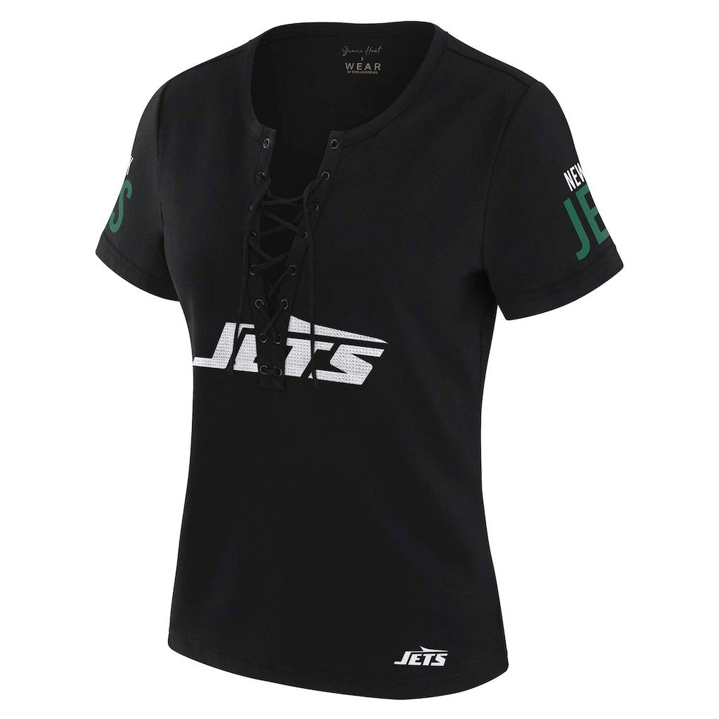 New York Jets WEAR by Erin Andrews x Gracie Hunt Women's Draft Me Lace-Up T-Shirt - Black - NFL