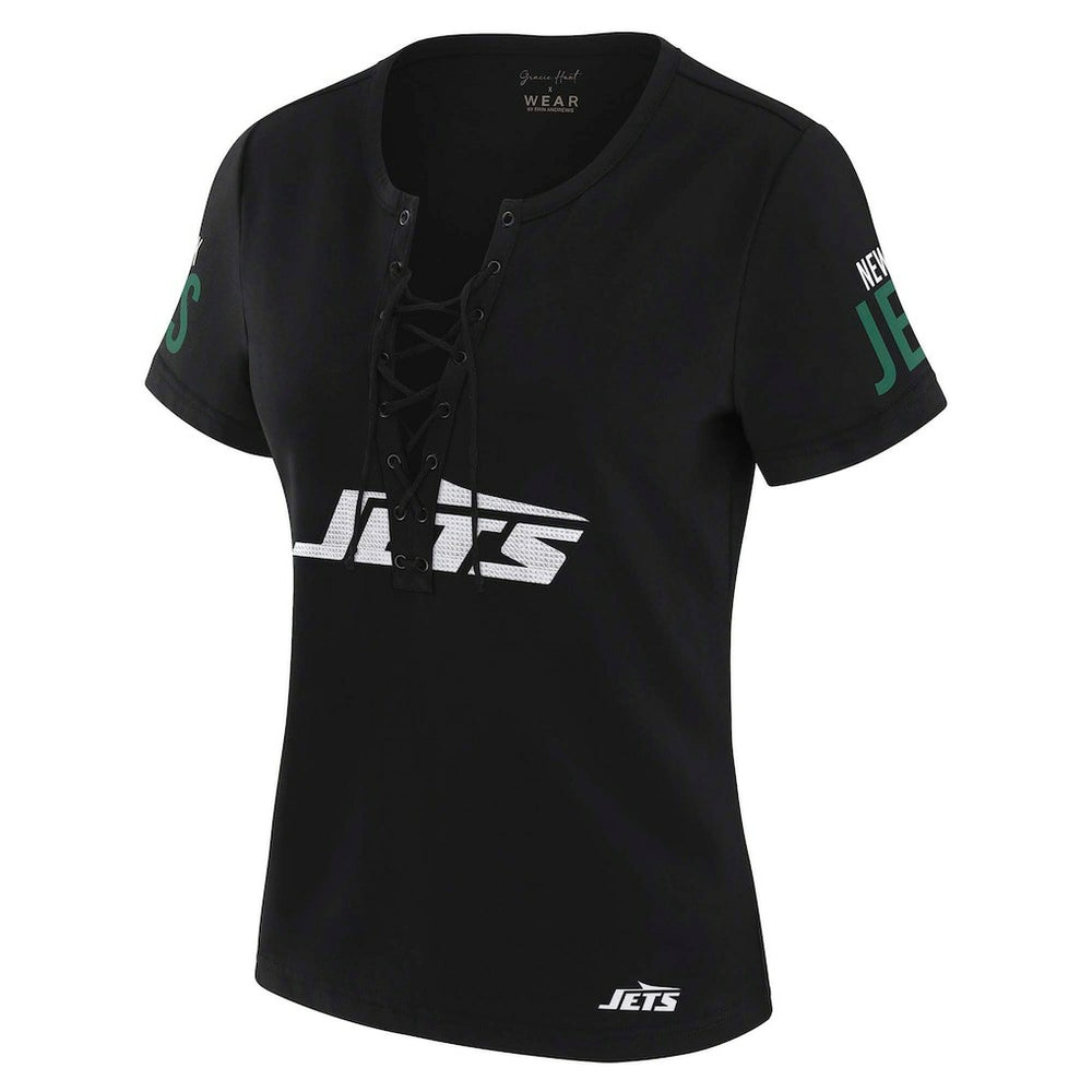 New York Jets WEAR by Erin Andrews x Gracie Hunt Women's Draft Me Lace-Up T-Shirt - Black - NFL