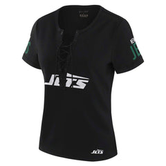 New York Jets WEAR by Erin Andrews x Gracie Hunt Women's Draft Me Lace-Up T-Shirt - Black - NFL