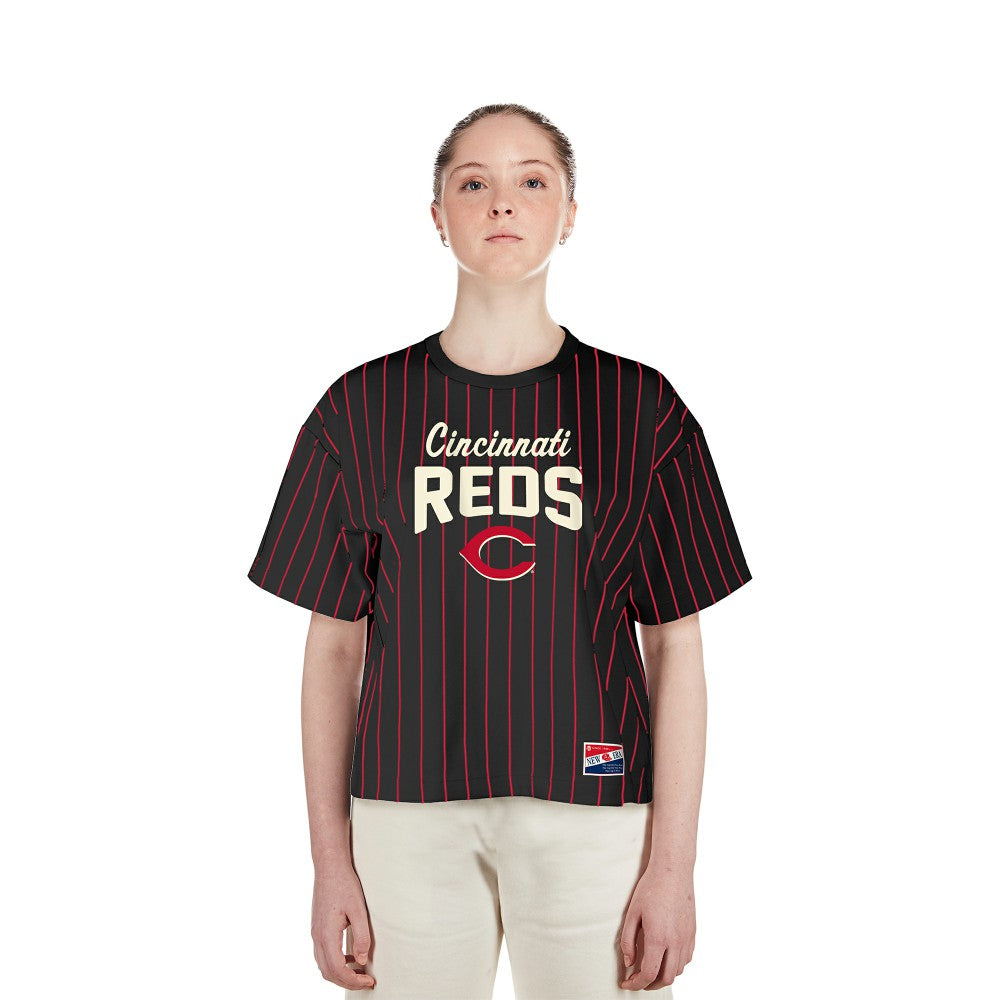 Cincinnati Reds New Era Women's Cooperstown Collection Multiplier Pinstripe Cropped T-Shirt Online