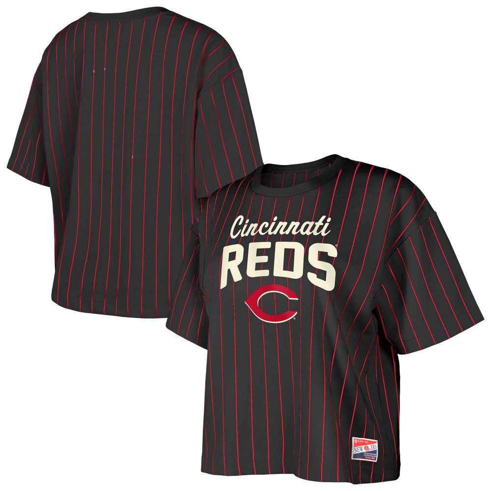 Cincinnati Reds New Era Women's Cooperstown Collection Multiplier Pinstripe Cropped T-Shirt Online