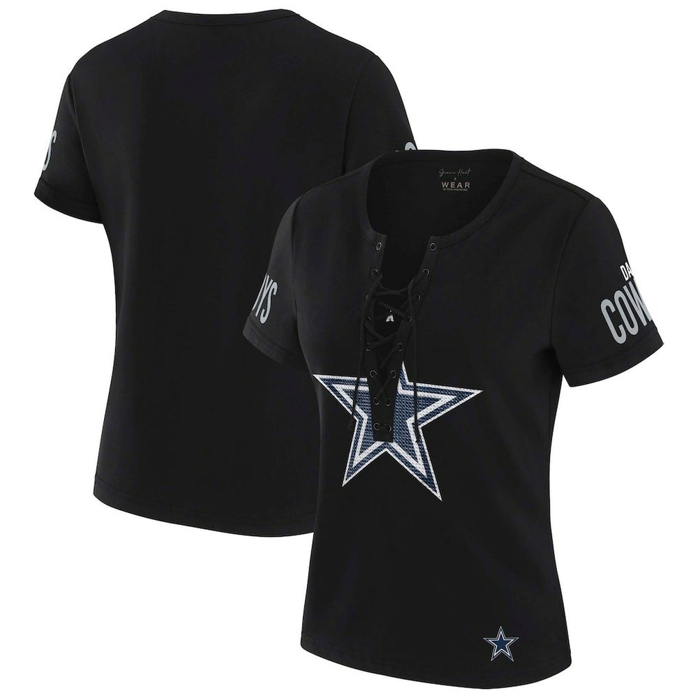 Dallas Cowboys WEAR by Erin Andrews x Gracie Hunt Women's Draft Me Lace-Up T-Shirt - Black - NFL