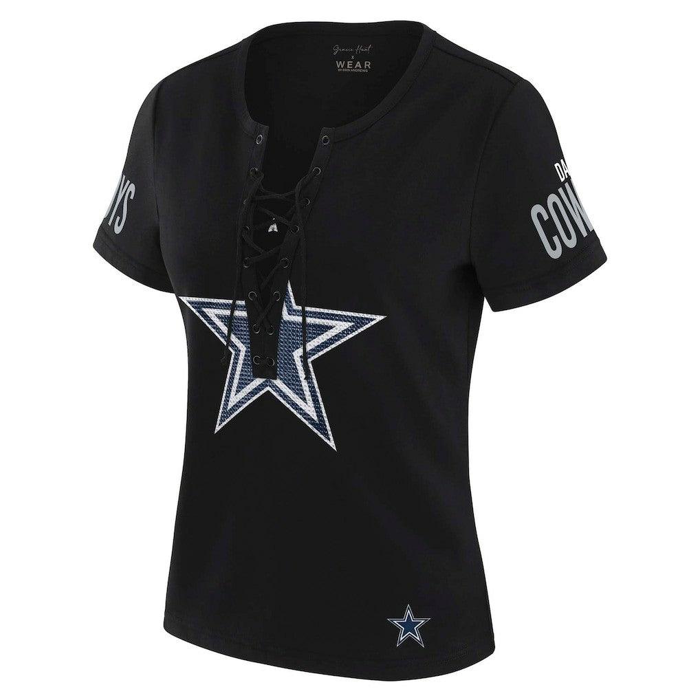 Dallas Cowboys WEAR by Erin Andrews x Gracie Hunt Women's Draft Me Lace-Up T-Shirt - Black - NFL