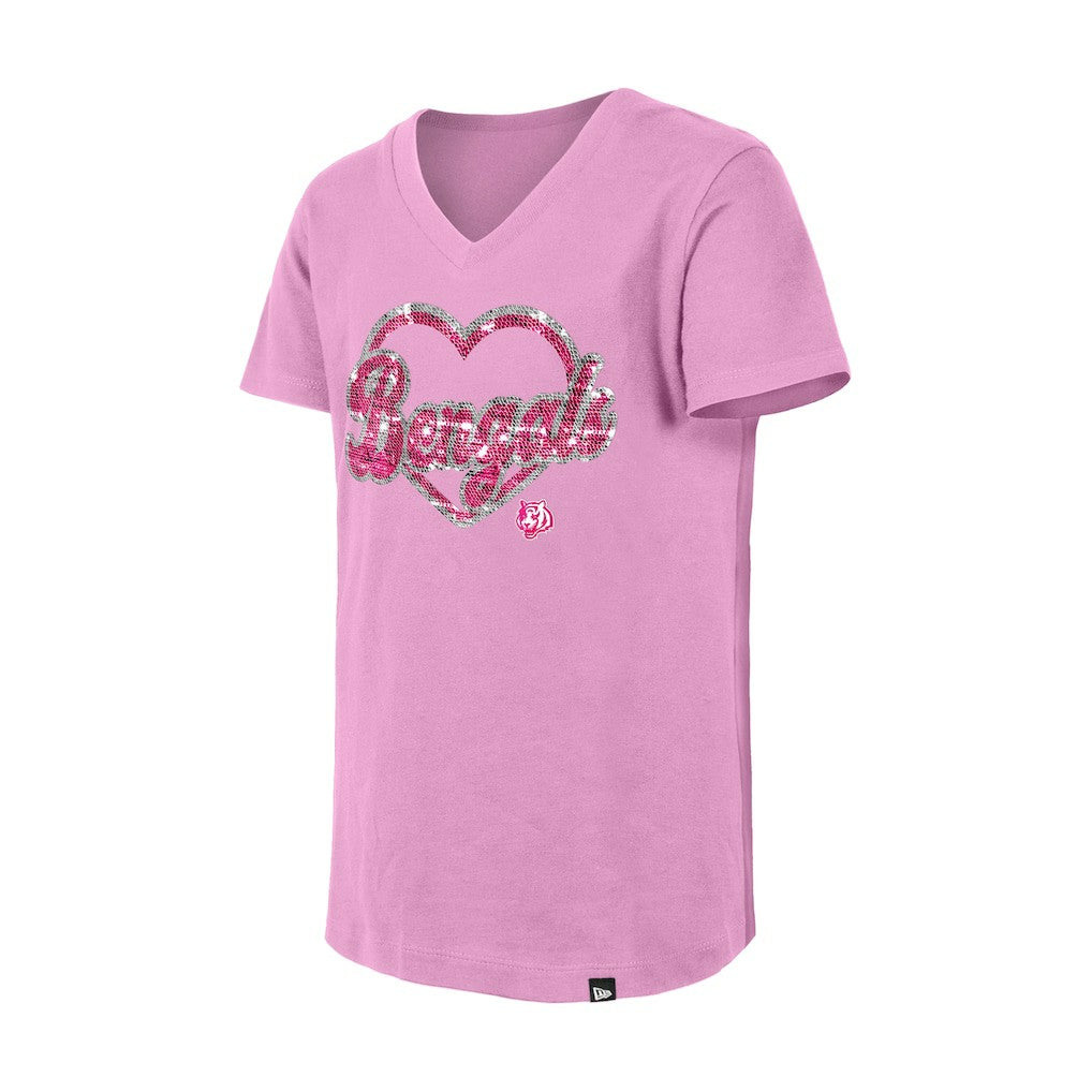 Cincinnati Bengals New Era Girls Youth Flip Sequins V-Neck T-Shirt - Pink - NFL