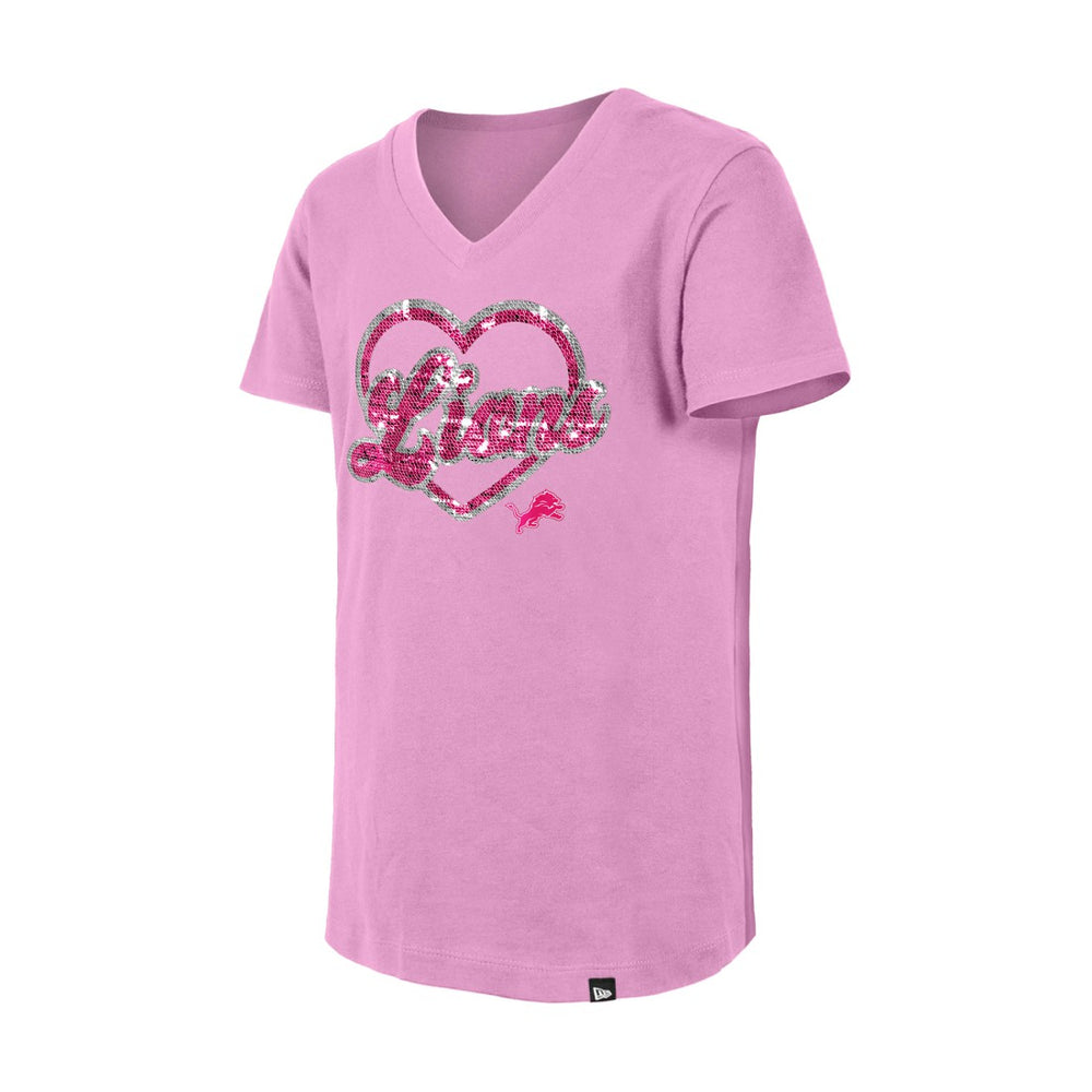 Detroit Lions New Era Girls Youth Flip Sequins V-Neck T-Shirt - Pink - NFL