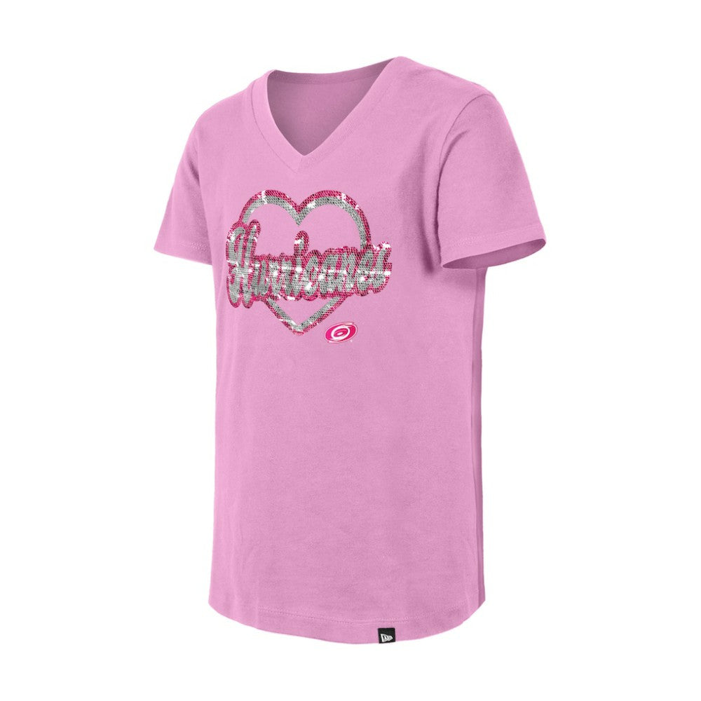 Carolina Hurricanes New Era Girl's Youth Flip Sequin V-Neck T-Shirt - Pink | New Era Clearance