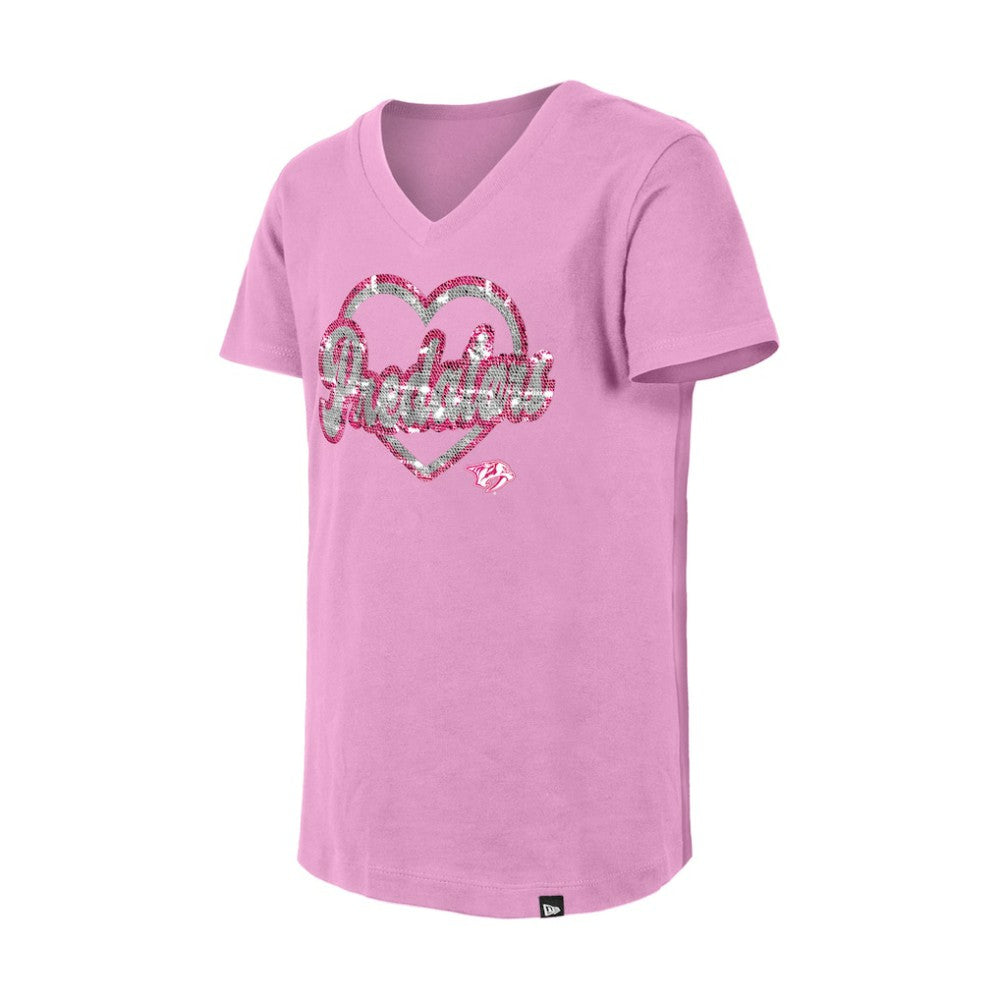 Nashville Predators New Era Girl's Youth Flip Sequin V-Neck T-Shirt - Pink | New Era discount