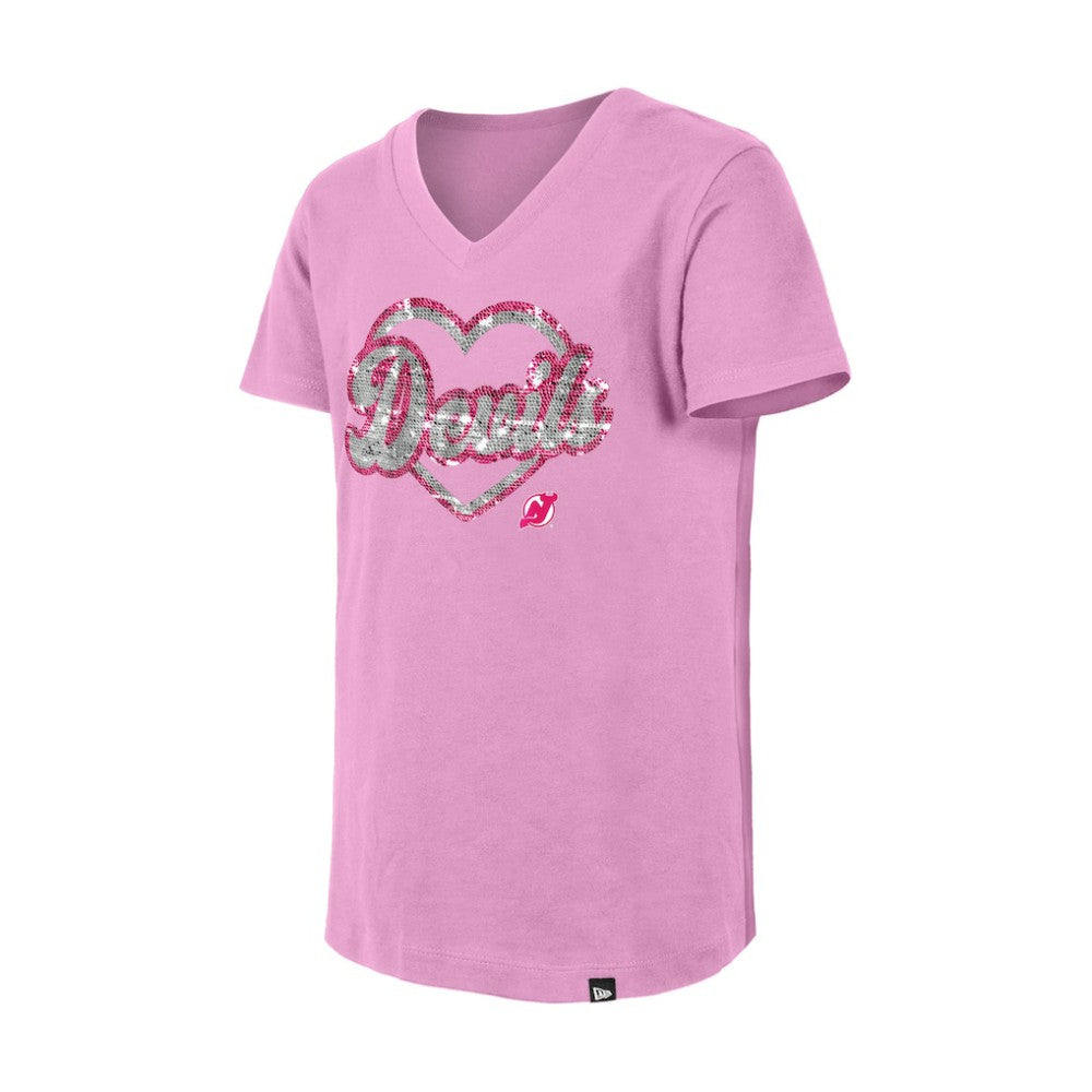 New Jersey Devils New Era Girl's Youth Flip Sequin V-Neck T-Shirt - Pink | New Era online