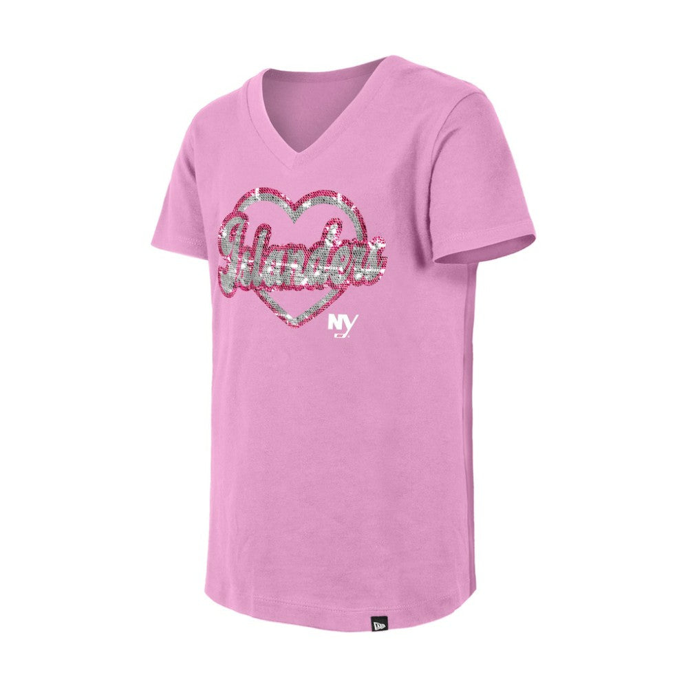 New York Islanders New Era Girl's Youth Flip Sequin V-Neck T-Shirt - Pink | New Era online