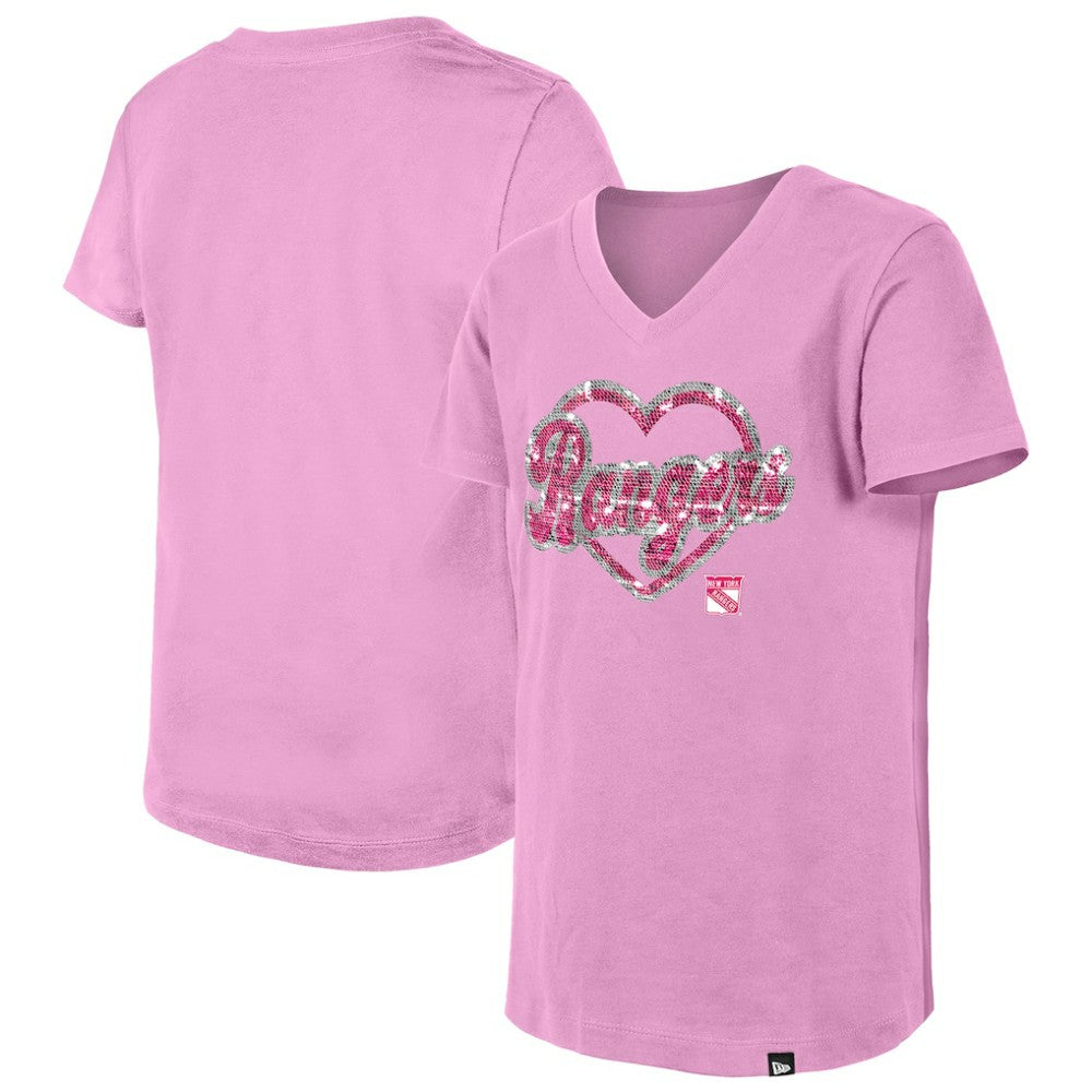 New York Rangers New Era Girl's Youth Flip Sequin V-Neck T-Shirt - Pink | New Era Clearance