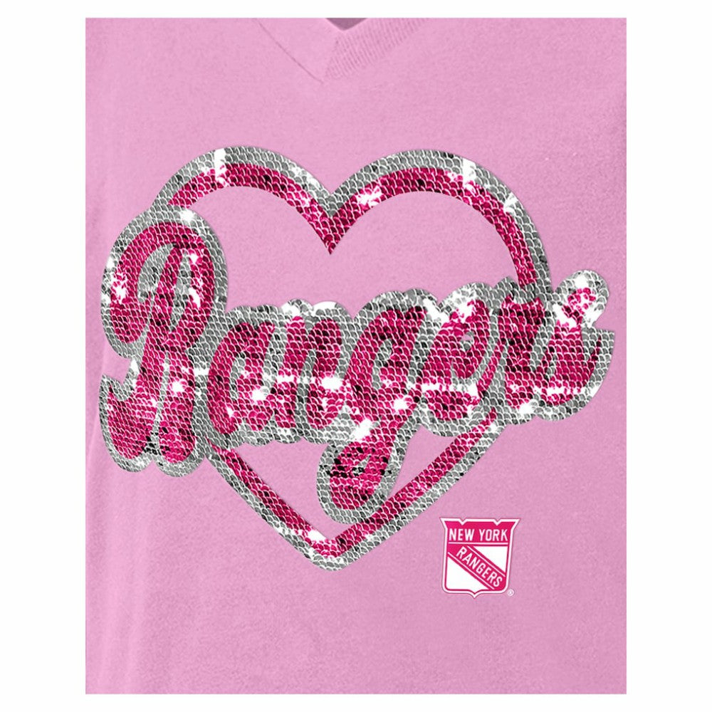 New York Rangers New Era Girl's Youth Flip Sequin V-Neck T-Shirt - Pink | New Era Clearance