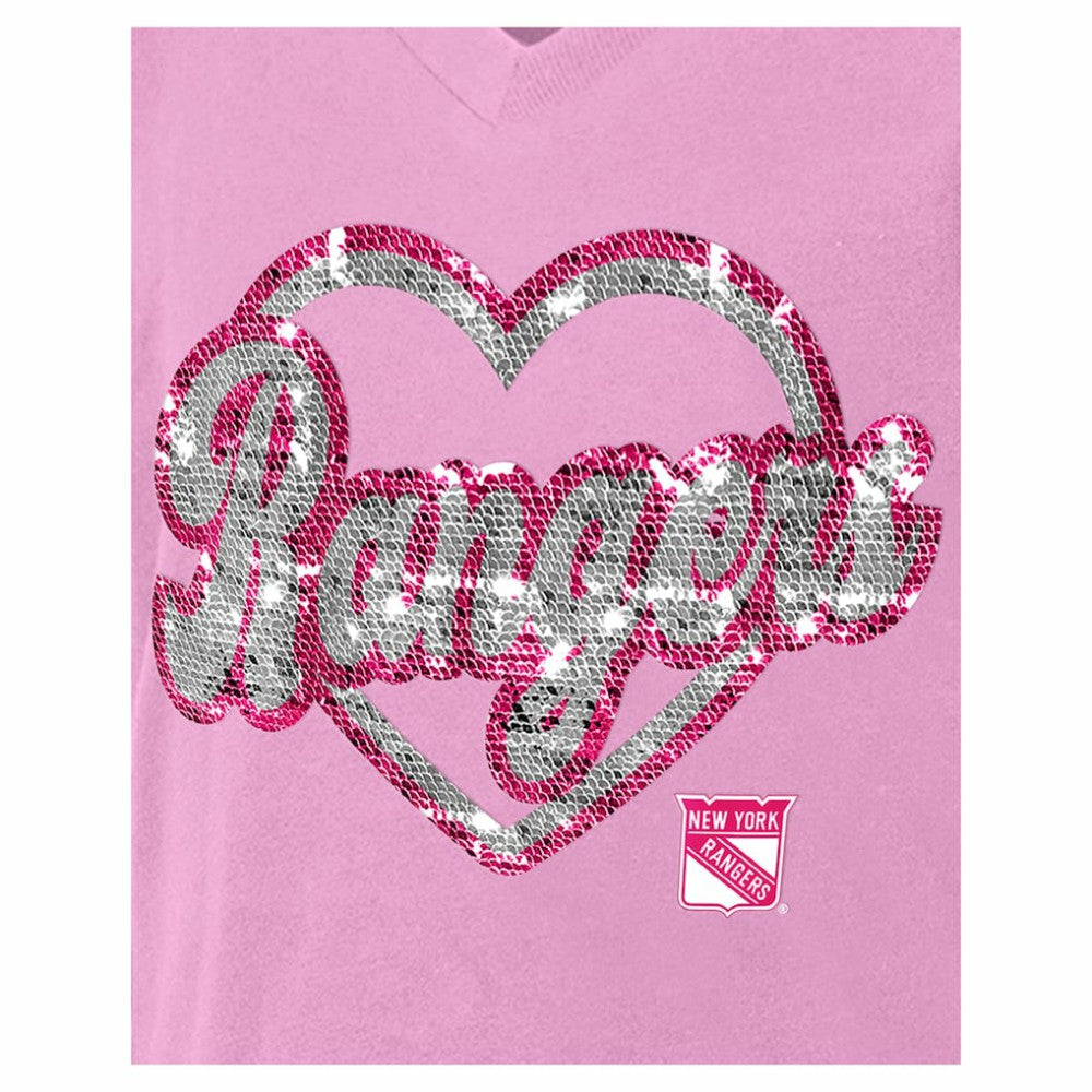 New York Rangers New Era Girl's Youth Flip Sequin V-Neck T-Shirt - Pink | New Era Clearance