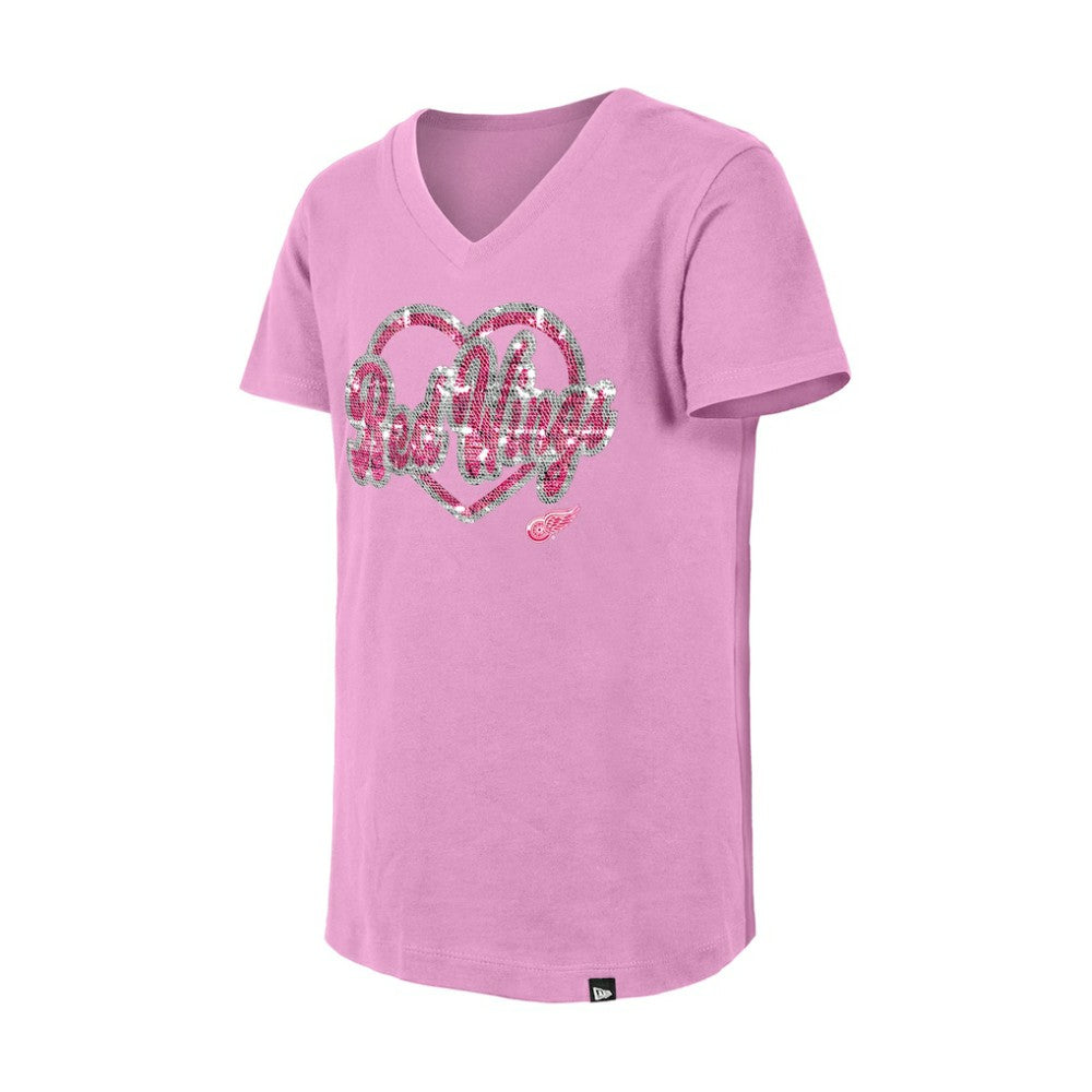 Detroit Red Wings New Era Girl's Youth Flip Sequin V-Neck T-Shirt - Pink | New Era Clearance