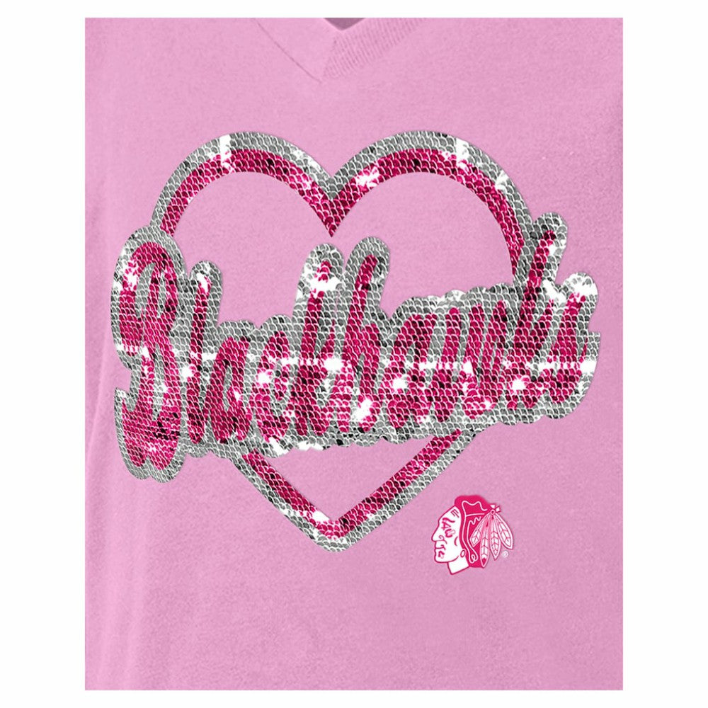 Chicago Blackhawks New Era Girl's Youth Flip Sequin V-Neck T-Shirt - Pink | New Era Lifestyle