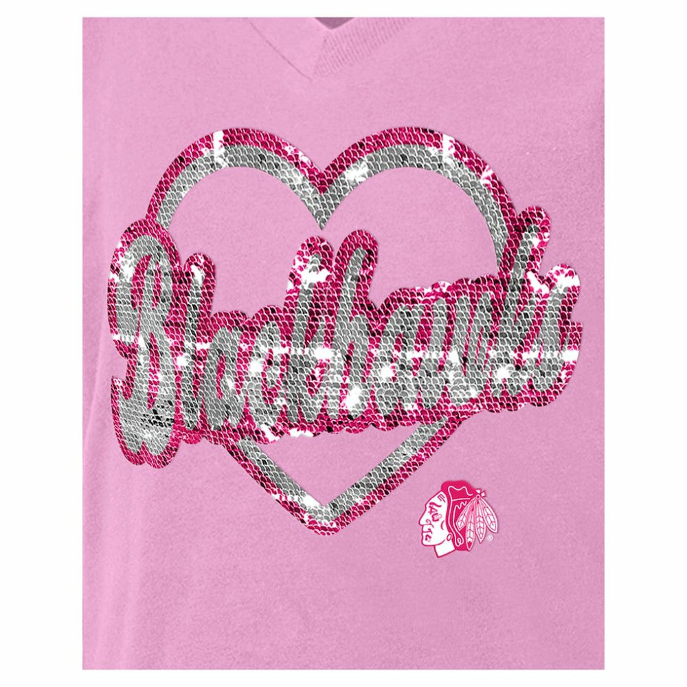 Chicago Blackhawks New Era Girl's Youth Flip Sequin V-Neck T-Shirt - Pink | New Era Lifestyle