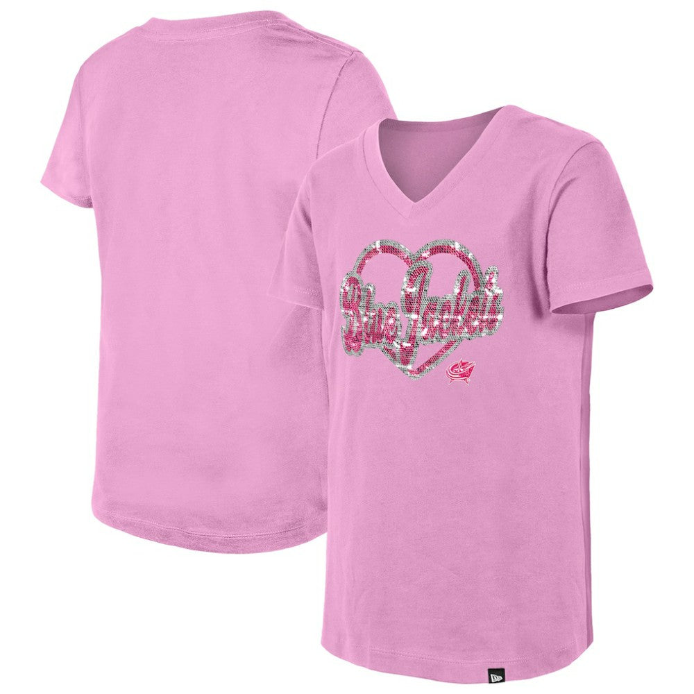 Columbus Blue Jackets New Era Girl's Youth Flip Sequin V-Neck T-Shirt - Pink | New Era discount
