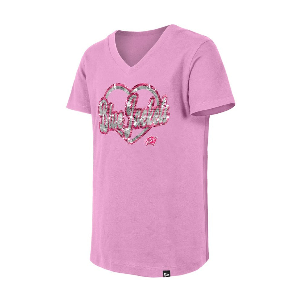 Columbus Blue Jackets New Era Girl's Youth Flip Sequin V-Neck T-Shirt - Pink | New Era discount