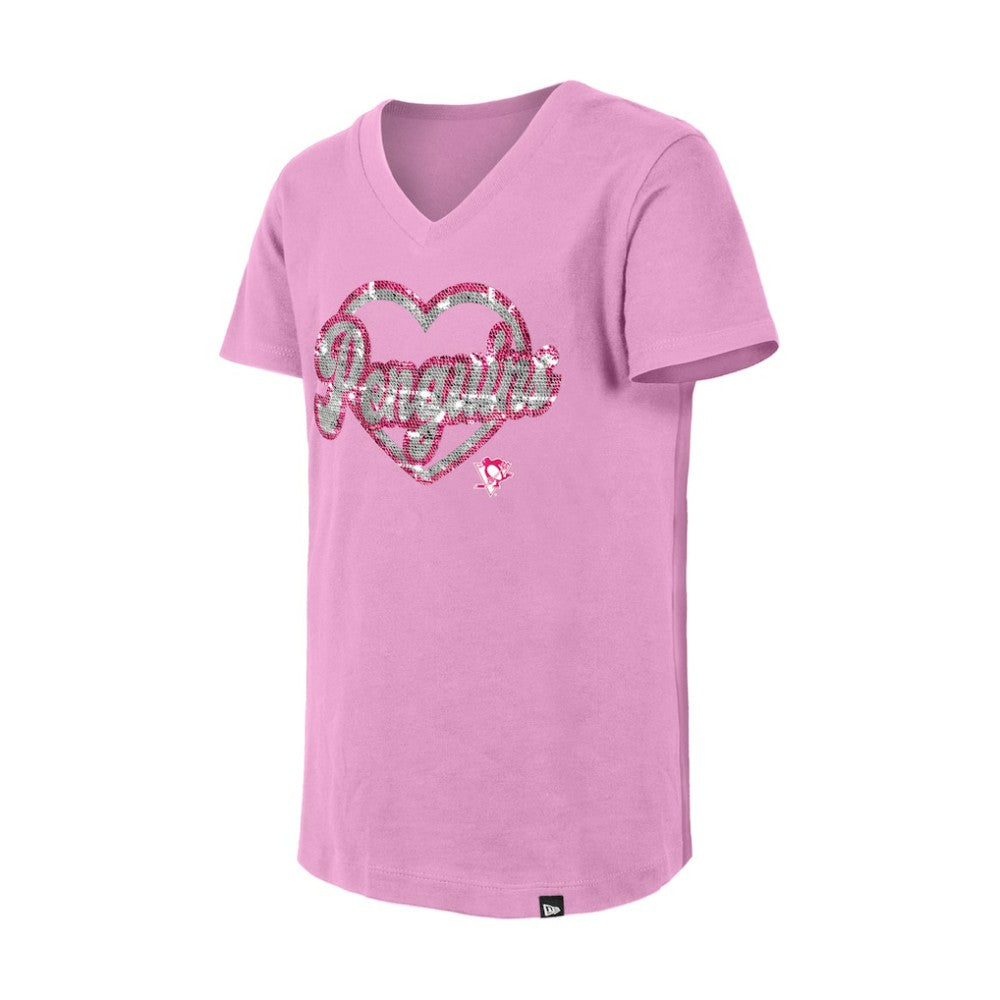 Pittsburgh Penguins New Era Girl's Youth Flip Sequin V-Neck T-Shirt - Pink | New Era Clearance