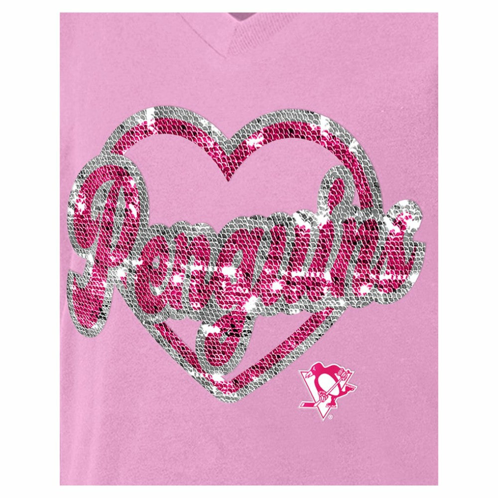 Pittsburgh Penguins New Era Girl's Youth Flip Sequin V-Neck T-Shirt - Pink | New Era Clearance