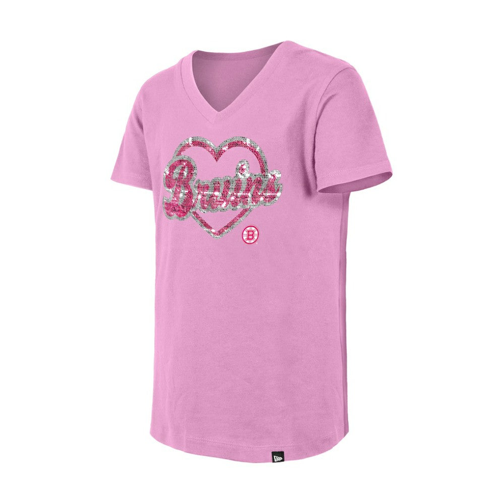 Boston Bruins New Era Girl's Youth Flip Sequin V-Neck T-Shirt - Pink | New Era Lifestyle
