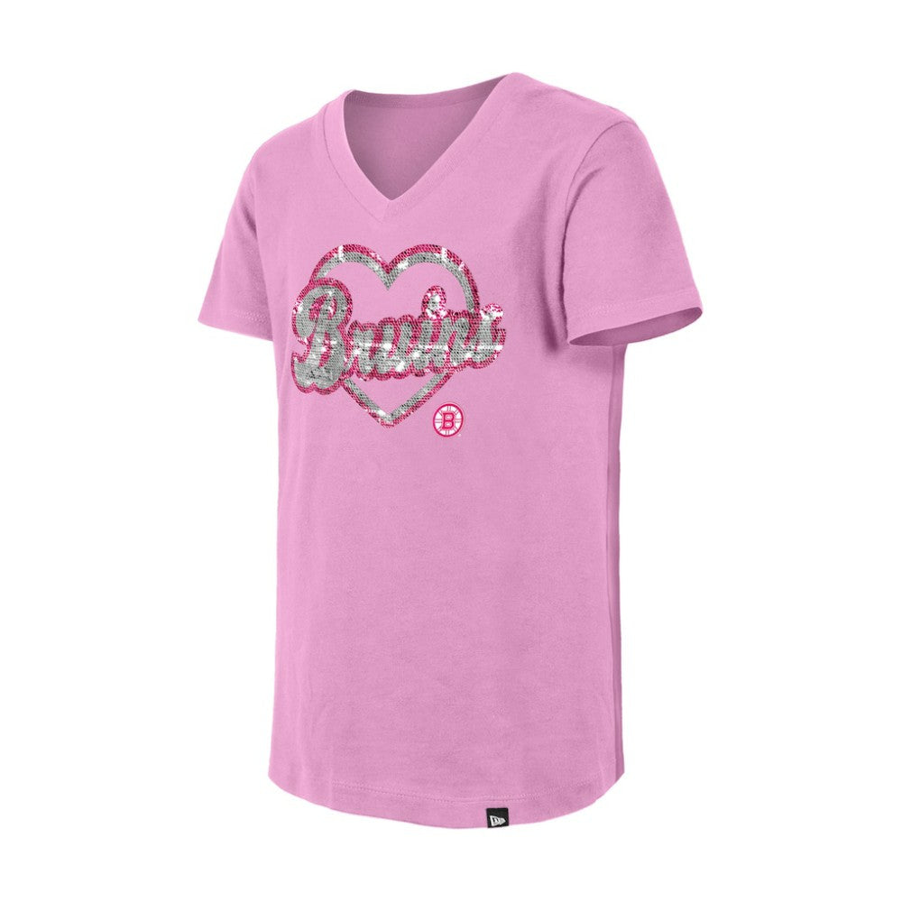 Boston Bruins New Era Girl's Youth Flip Sequin V-Neck T-Shirt - Pink | New Era Lifestyle