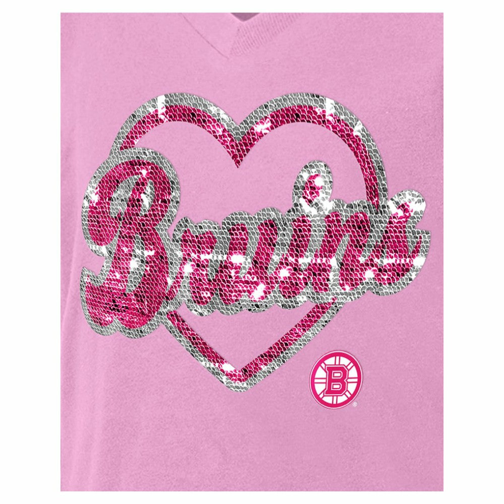 Boston Bruins New Era Girl's Youth Flip Sequin V-Neck T-Shirt - Pink | New Era Lifestyle