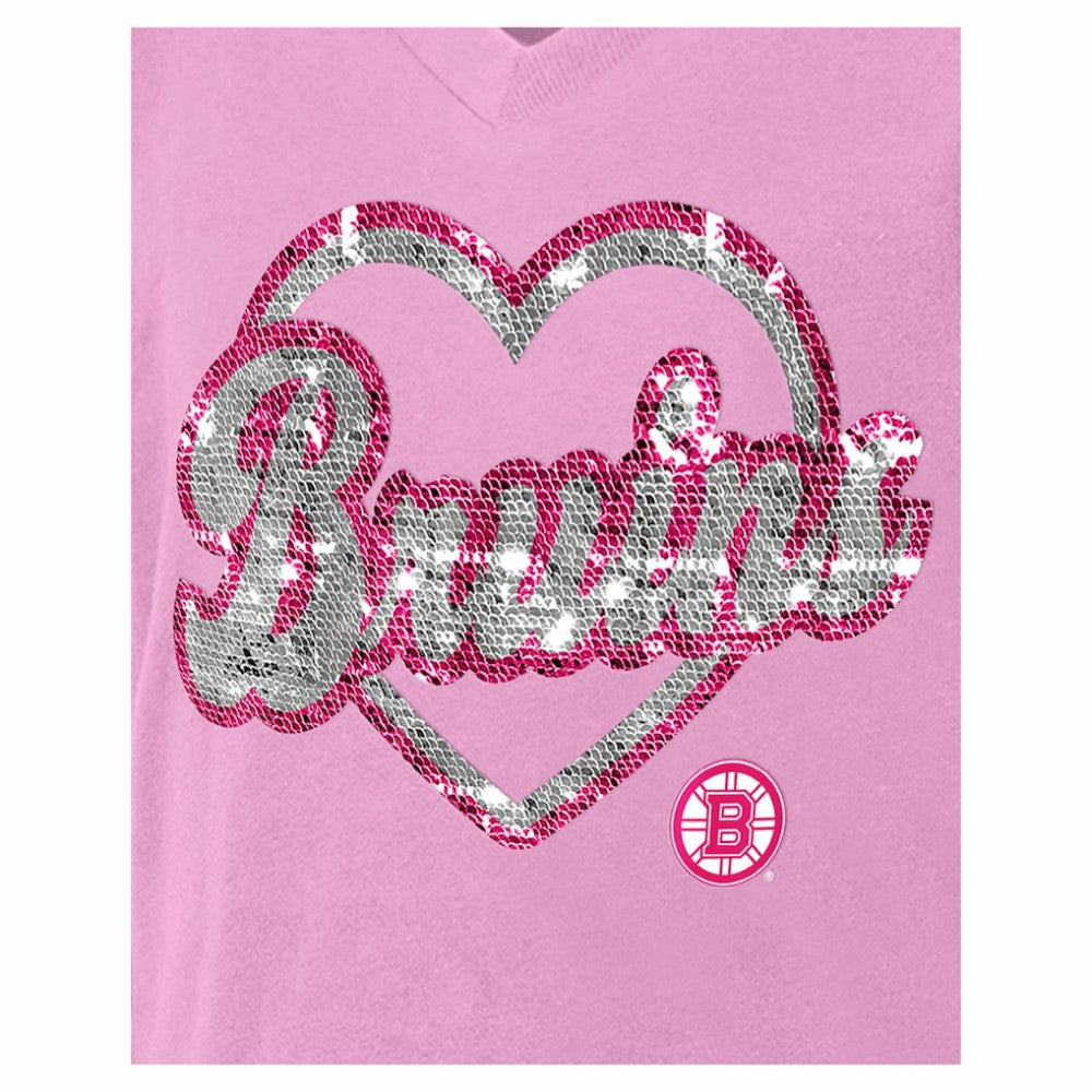 Boston Bruins New Era Girl's Youth Flip Sequin V-Neck T-Shirt - Pink | New Era Lifestyle