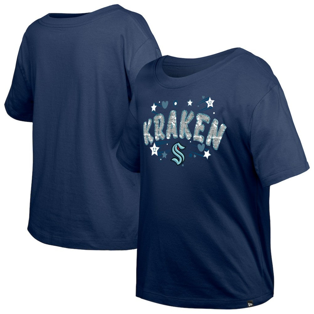 Seattle Kraken New Era Girl's Youth Flip Sequin T-Shirt - Deep Sea Blue | New Era Clearance