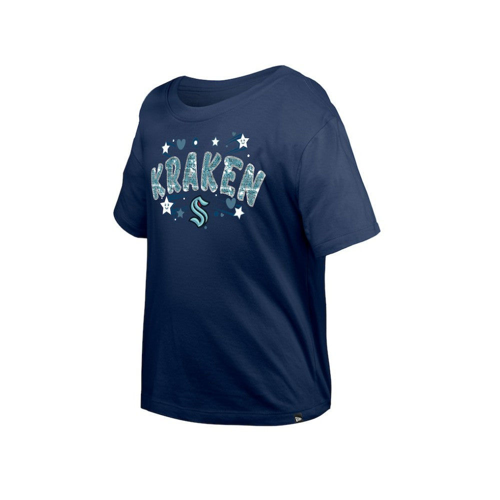 Seattle Kraken New Era Girl's Youth Flip Sequin T-Shirt - Deep Sea Blue | New Era Clearance