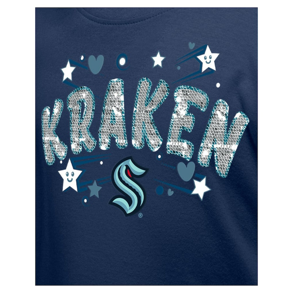Seattle Kraken New Era Girl's Youth Flip Sequin T-Shirt - Deep Sea Blue | New Era Clearance