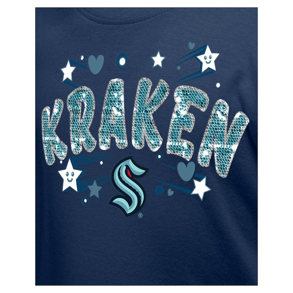 Seattle Kraken New Era Girl's Youth Flip Sequin T-Shirt - Deep Sea Blue | New Era Clearance