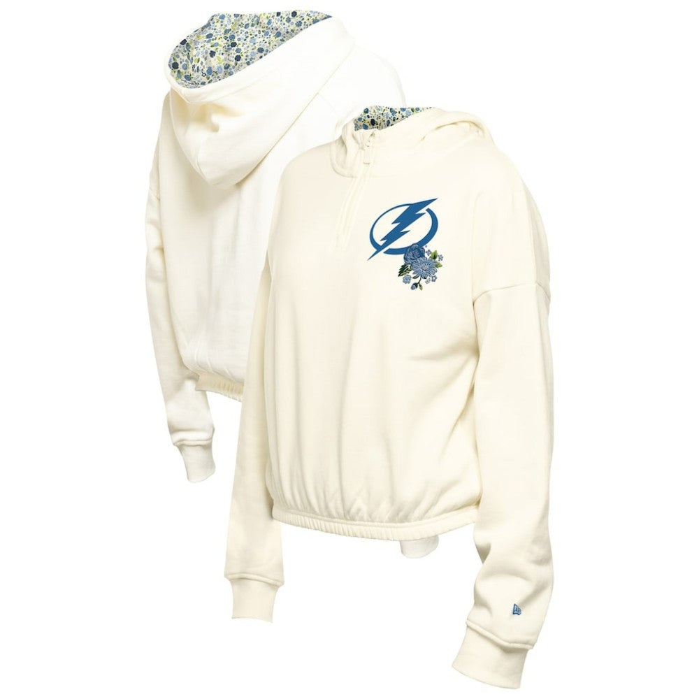 Tampa Bay Lightning New Era Women's Glam Game Quarter-Zip Cropped Floral Hoodie Pullover - Cream | New Era Lifestyle