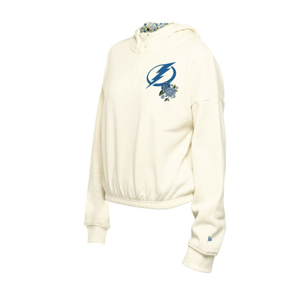 Tampa Bay Lightning New Era Women's Glam Game Quarter-Zip Cropped Floral Hoodie Pullover - Cream | New Era Lifestyle