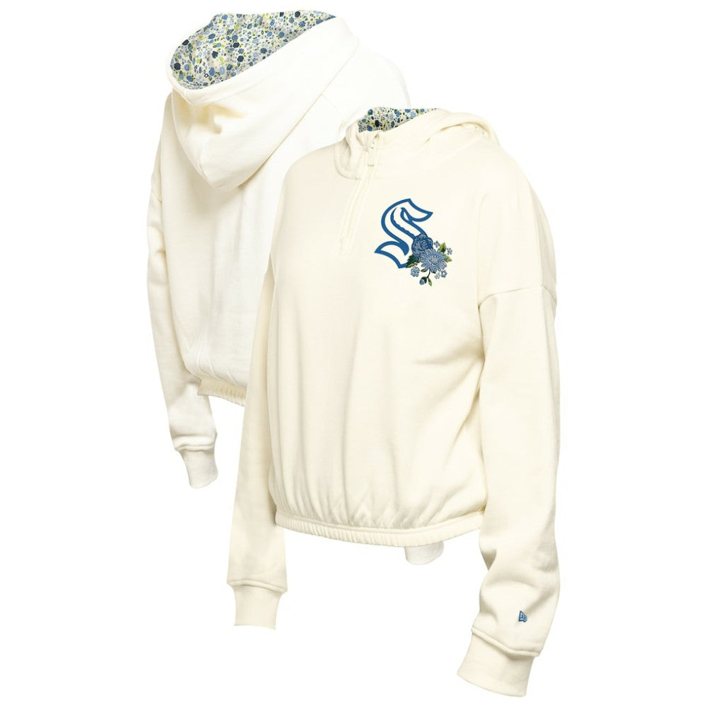 Seattle Kraken New Era Women's Glam Game Quarter-Zip Cropped Floral Hoodie Pullover - Cream | New Era on sale