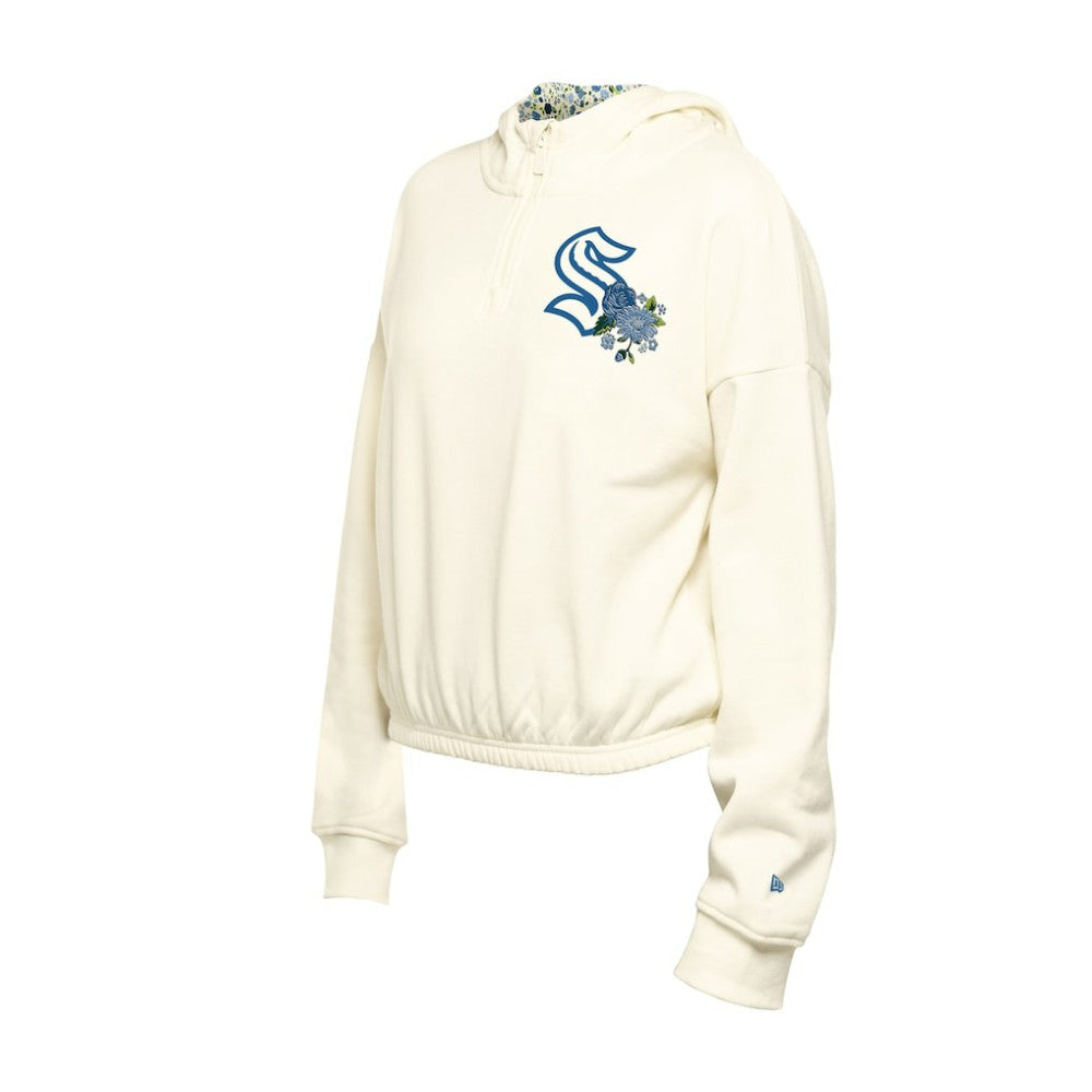 Seattle Kraken New Era Women's Glam Game Quarter-Zip Cropped Floral Hoodie Pullover - Cream | New Era on sale