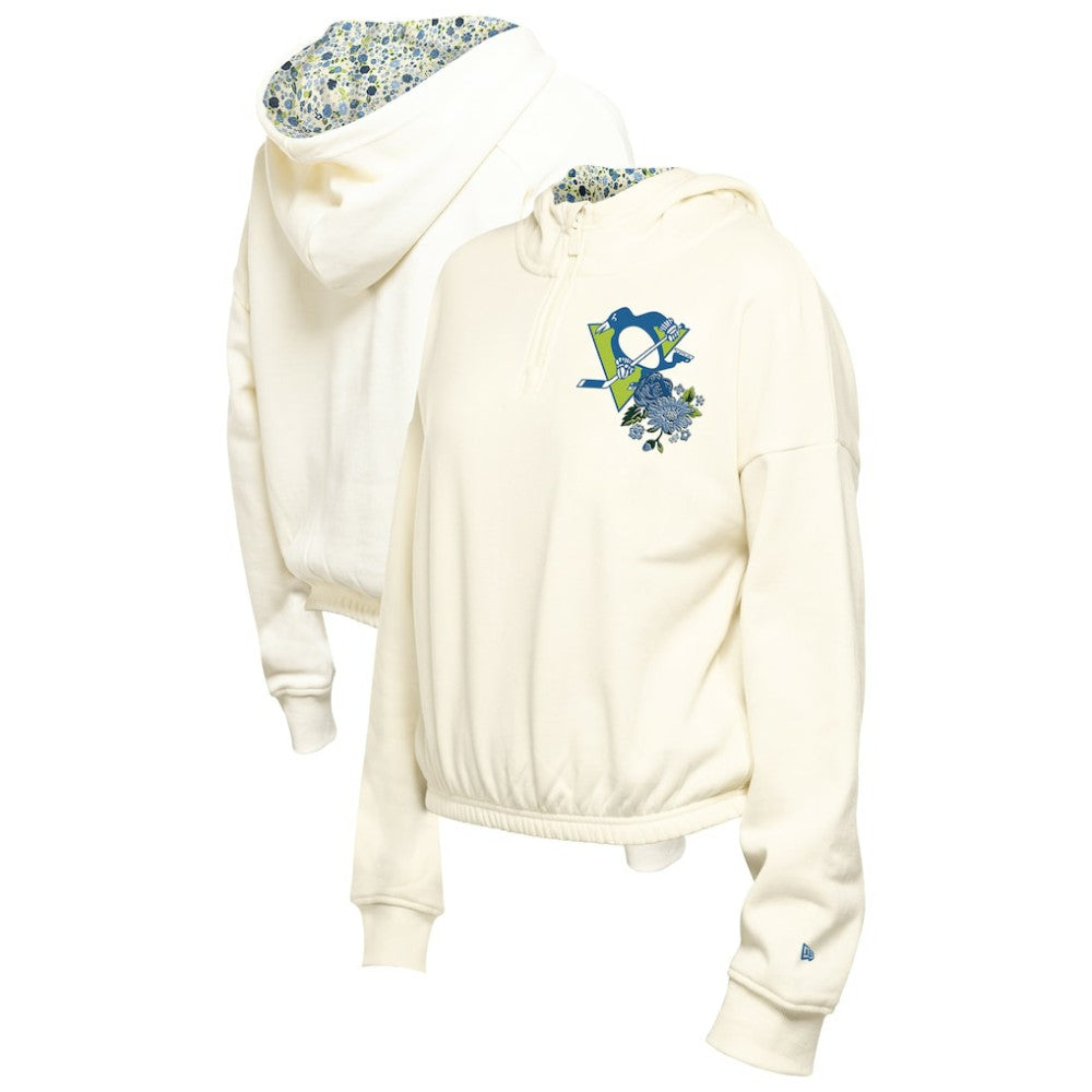 Pittsburgh Penguins New Era Women's Glam Game Quarter-Zip Cropped Floral Hoodie Pullover - Cream | New Era on sale