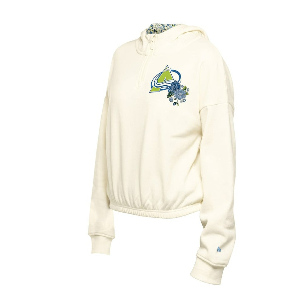Colorado Avalanche New Era Women's Glam Game Quarter-Zip Cropped Floral Hoodie Pullover - Cream | New Era near me
