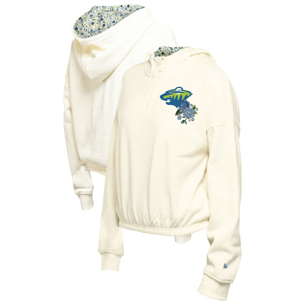 Minnesota Wild New Era Women's Glam Game Quarter-Zip Cropped Floral Hoodie Pullover - Cream | New Era sale