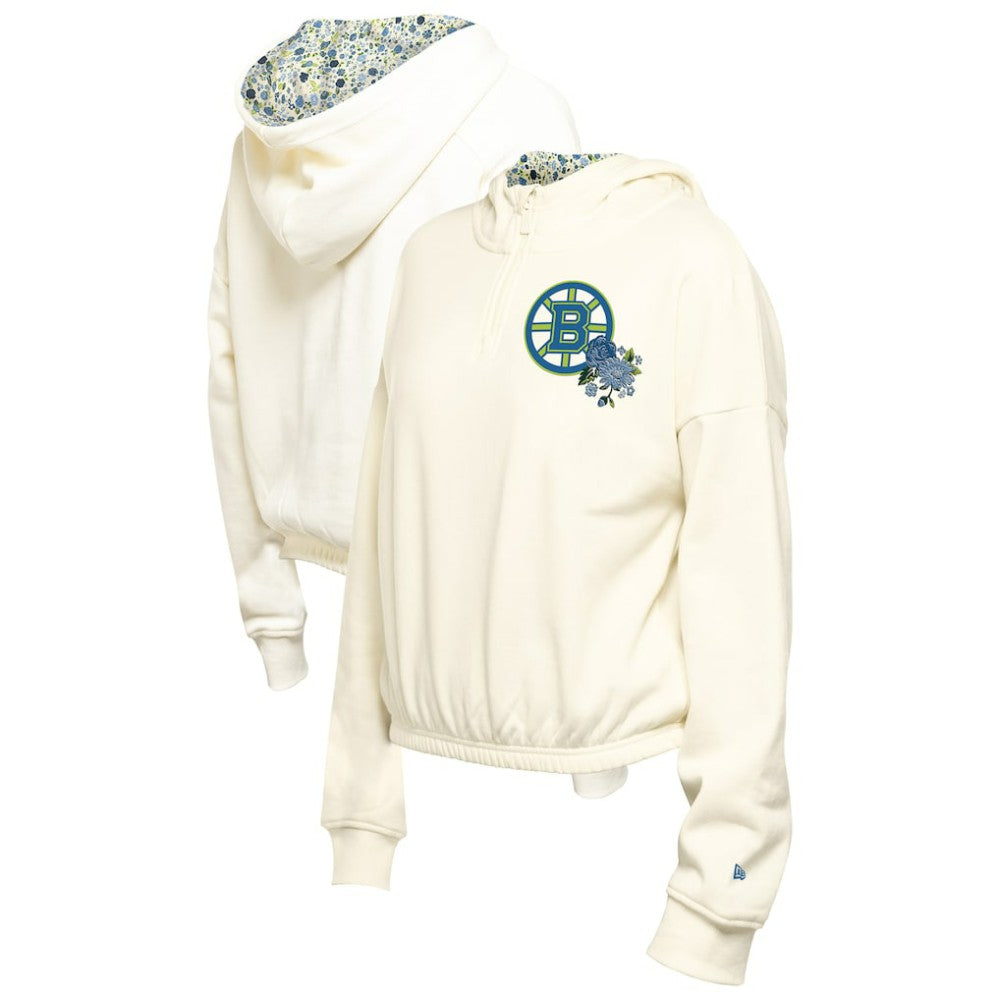Boston Bruins New Era Women's Glam Game Quarter-Zip Cropped Floral Hoodie Pullover - Cream | New Era Lifestyle