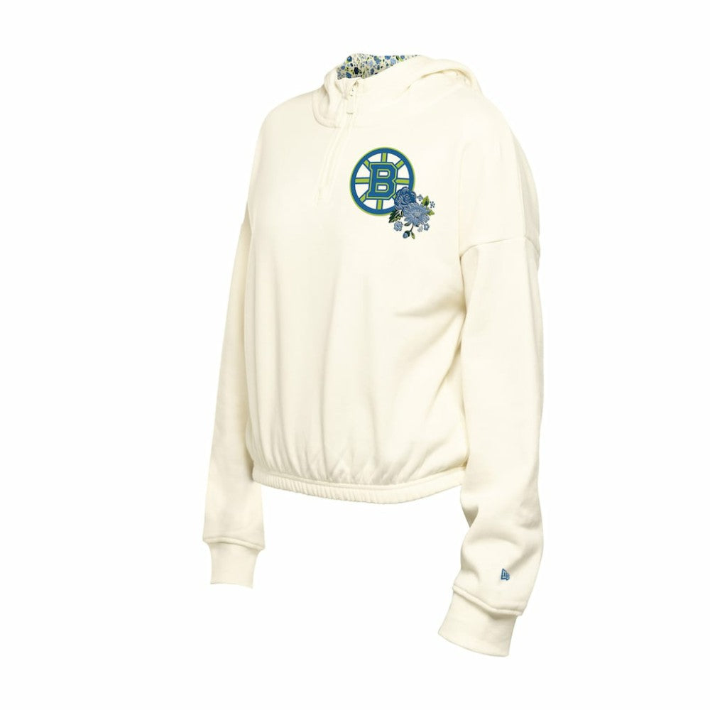 Boston Bruins New Era Women's Glam Game Quarter-Zip Cropped Floral Hoodie Pullover - Cream | New Era Lifestyle