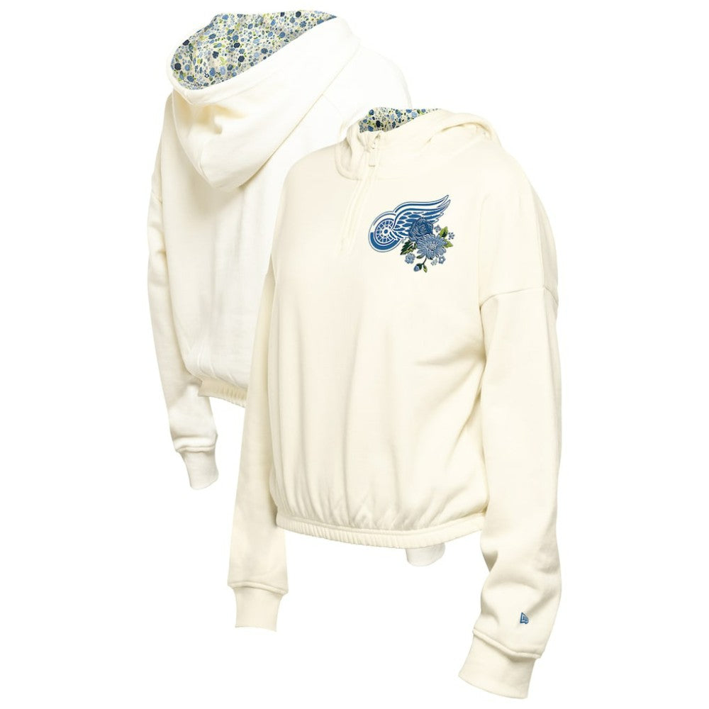 Detroit Red Wings New Era Women's Glam Game Quarter-Zip Cropped Floral Hoodie Pullover - Cream | New Era on sale