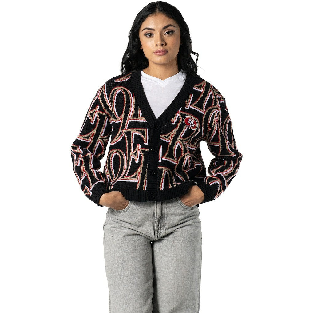 San Francisco 49ers The Wild Collective Women's Cropped Full-Button Cardigan Sweater - Black - NFL