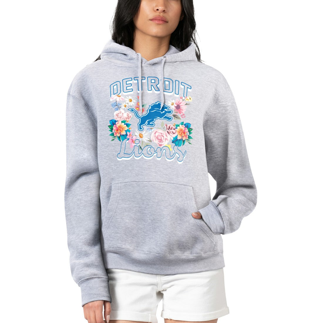 Detroit Lions G-III 4Her by Carl Banks Women's Flowers Team Logo Graphic Fleece Pullover Hoodie - Heather Gray - NFL