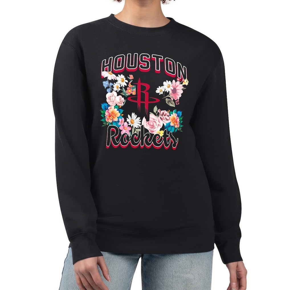 Houston Rockets G-III 4Her by Carl Banks Women's Flowers Team Logo Graphic Fleece Crewneck Pullover Sweatshirt Black