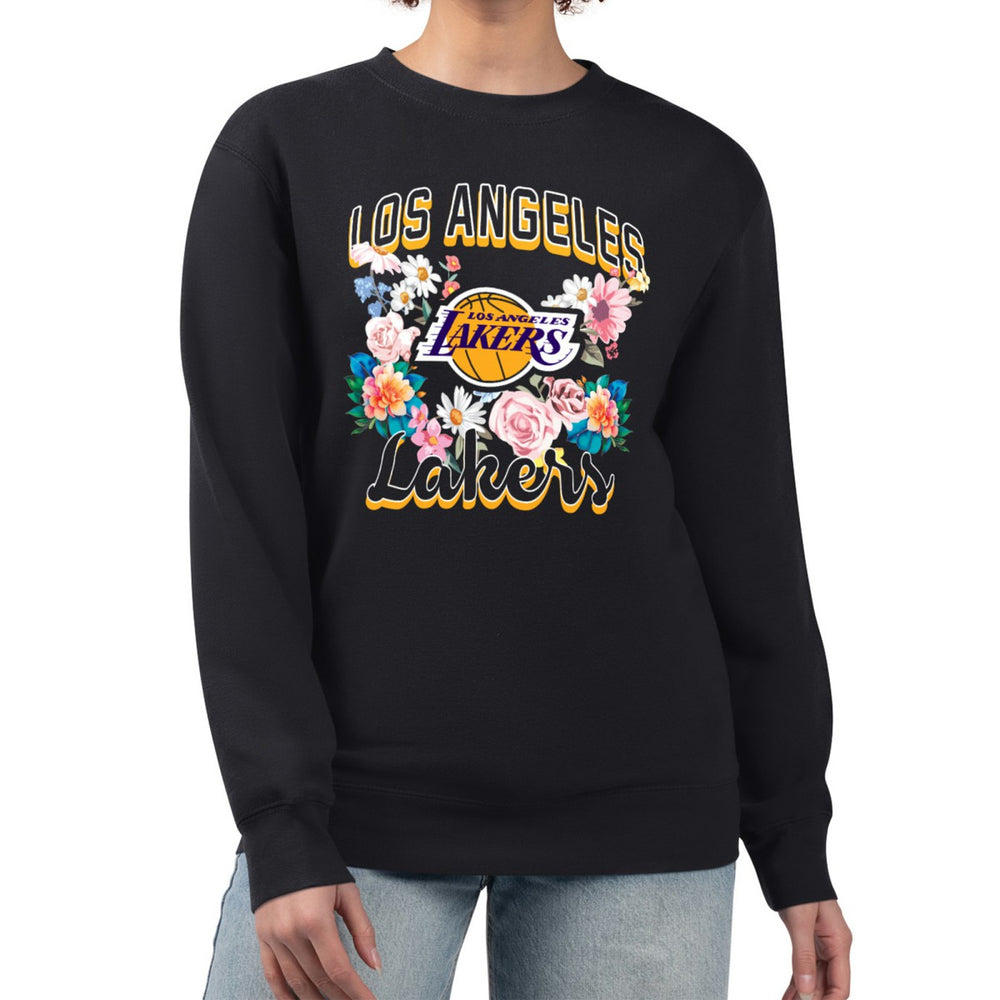 Los Angeles Lakers G-III 4Her by Carl Banks Women's Flowers Team Logo Graphic Fleece Crewneck Pullover Sweatshirt Black
