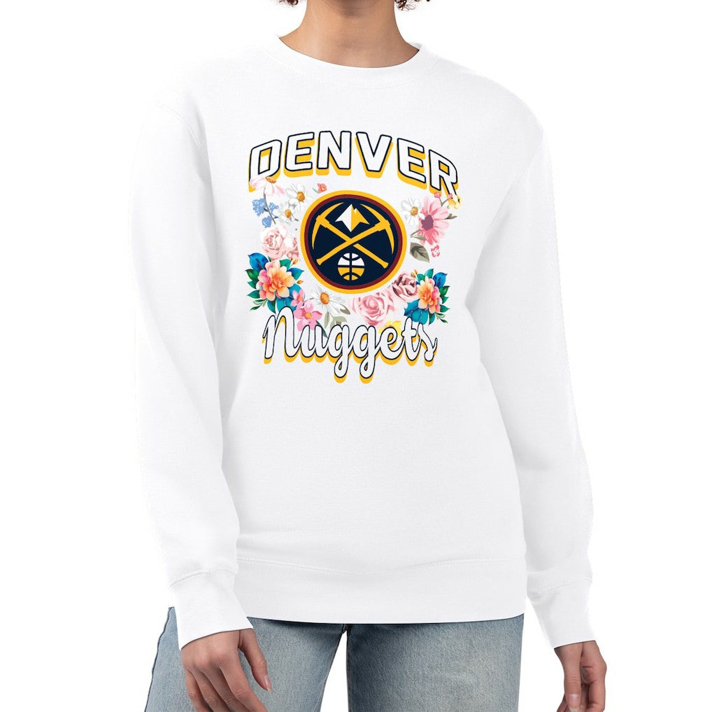 Denver Nuggets G-III 4Her by Carl Banks Women's Flowers Team Logo Graphic Fleece Crewneck Pullover Sweatshirt White