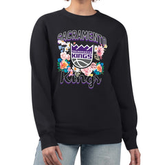 Sacramento Kings G-III 4Her by Carl Banks Women's Flowers Team Logo Graphic Fleece Crewneck Pullover Sweatshirt Black